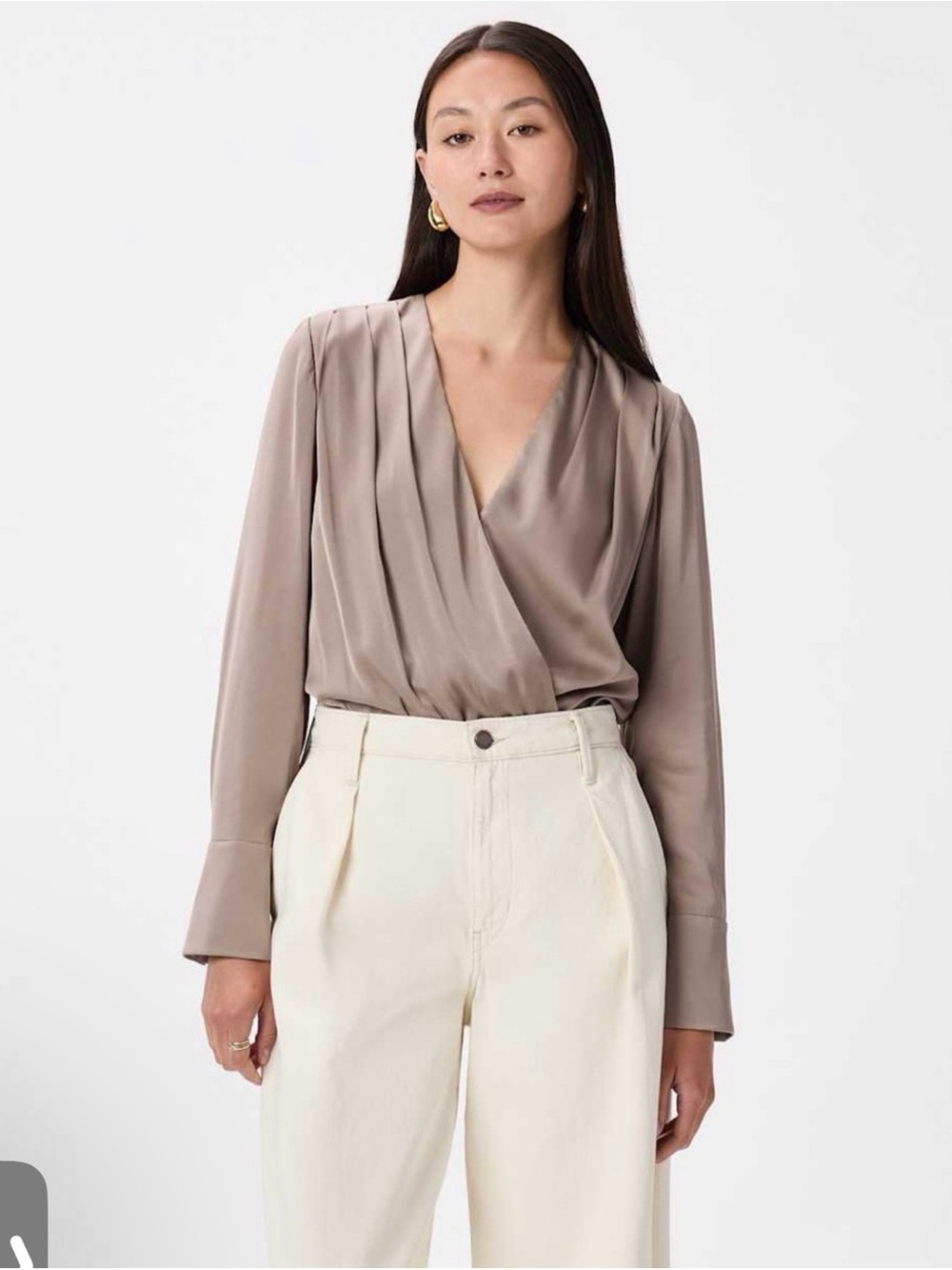 Quince Taupe Satin-Look Wrap V-Neck Blouse